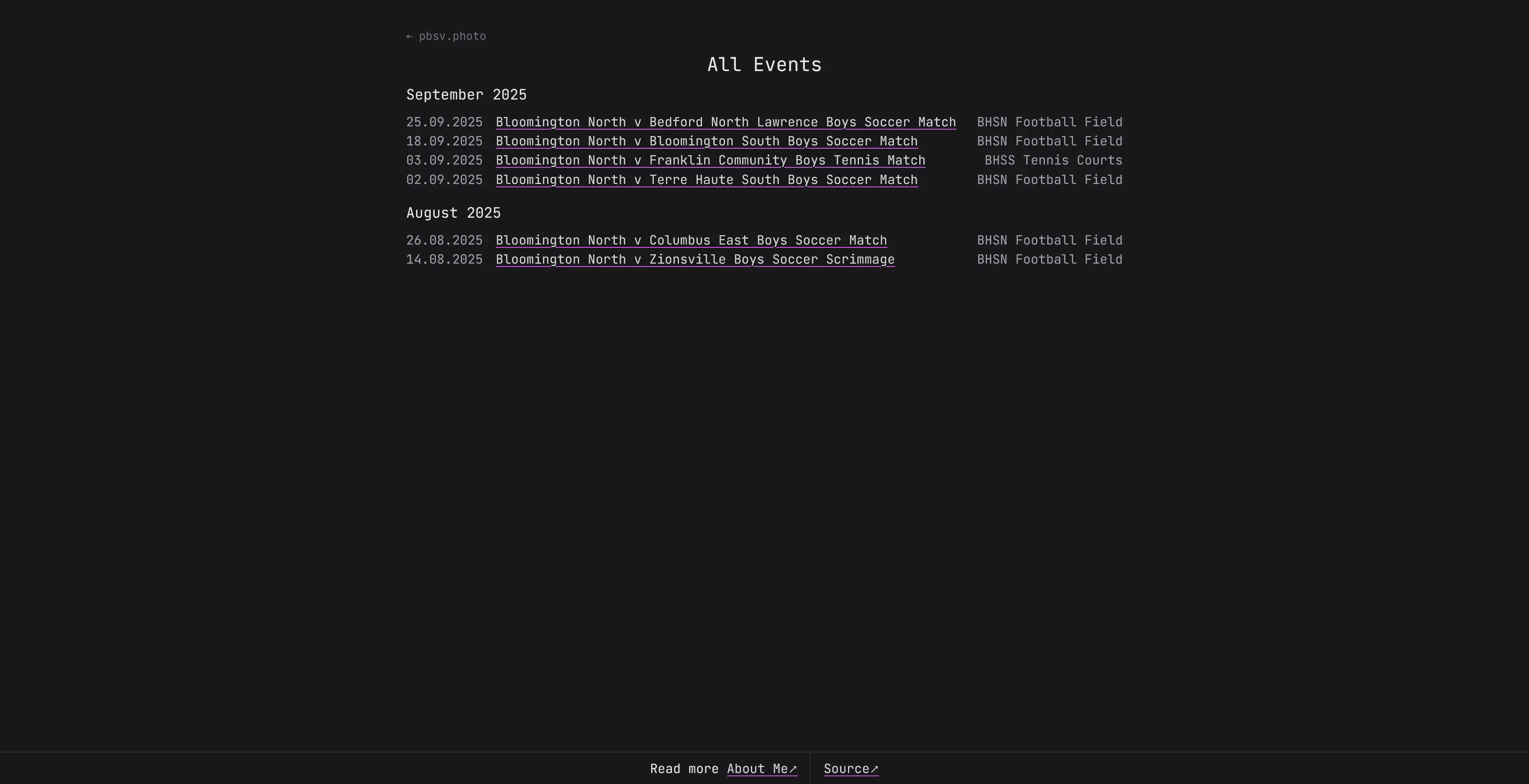 A screenshot of the desktop events page of pbsv.photo.