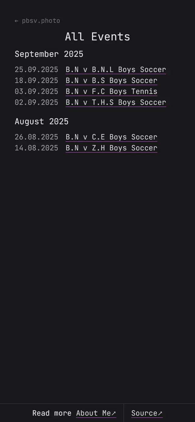 A screenshot of the mobile events page of pbsv.photo.