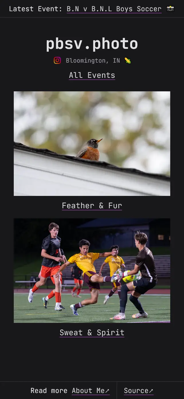 A screenshot of the mobile homepage of pbsv.photo.
