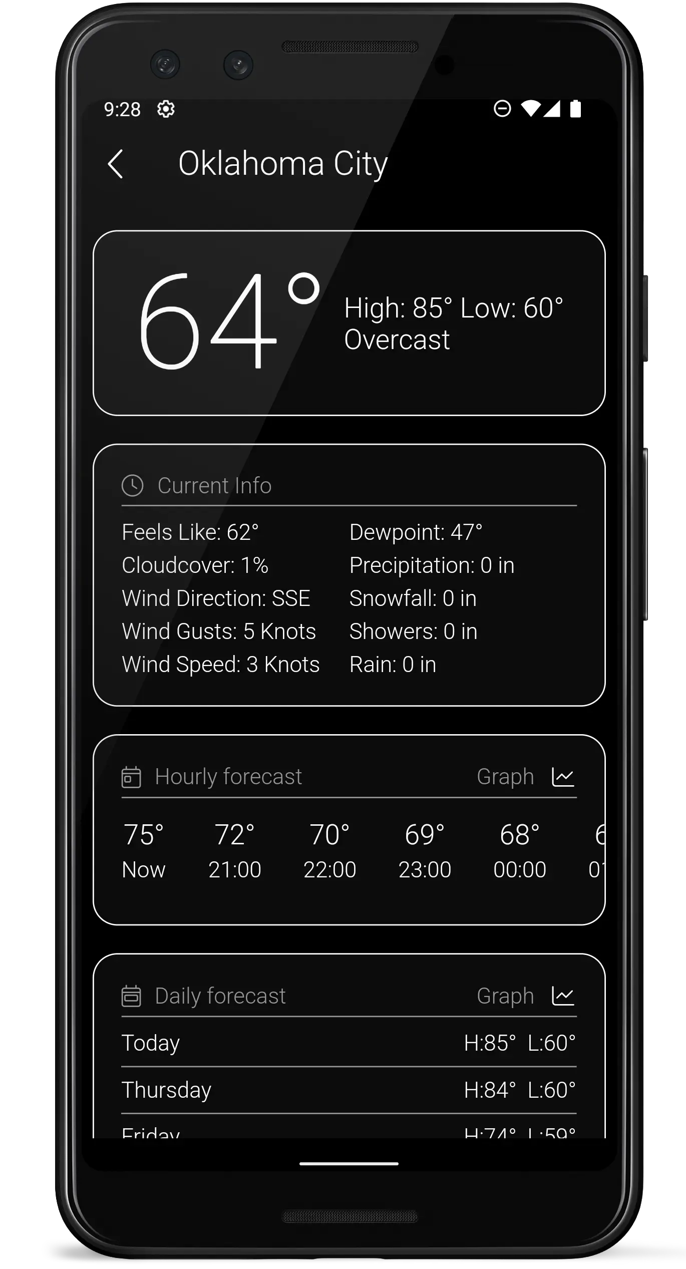 A screenshot of the zWeather app